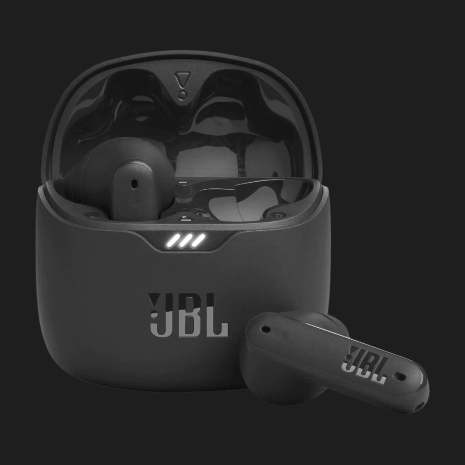 Black JBL wireless earbuds with charging case on a white background